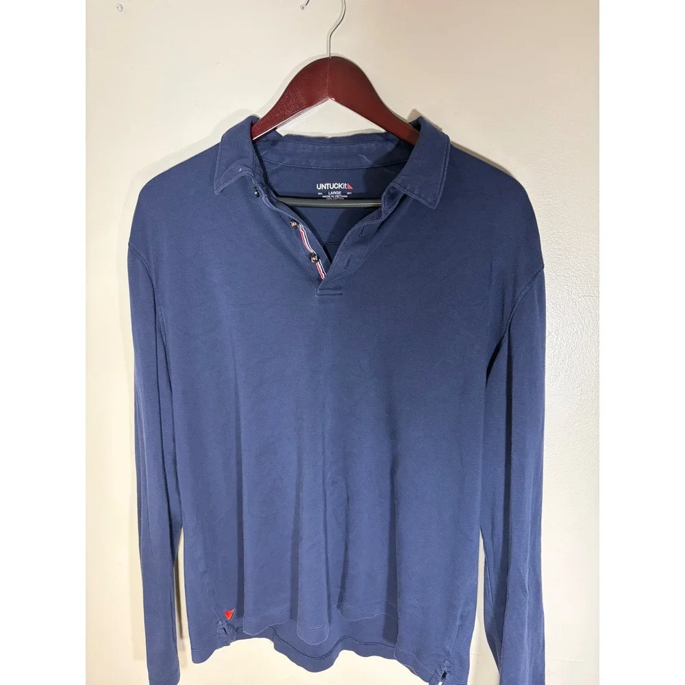 UNTUCKit Mens Long Sleeve Polo Shirt Navy Blue Cotton Casual Size Large